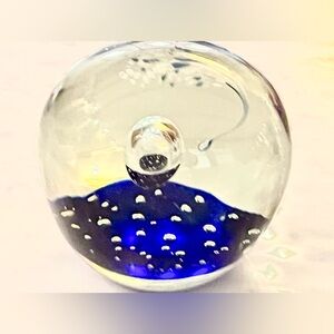 Blue Glass Art Paperweight - Clear and Cobalt Decorative Sphere